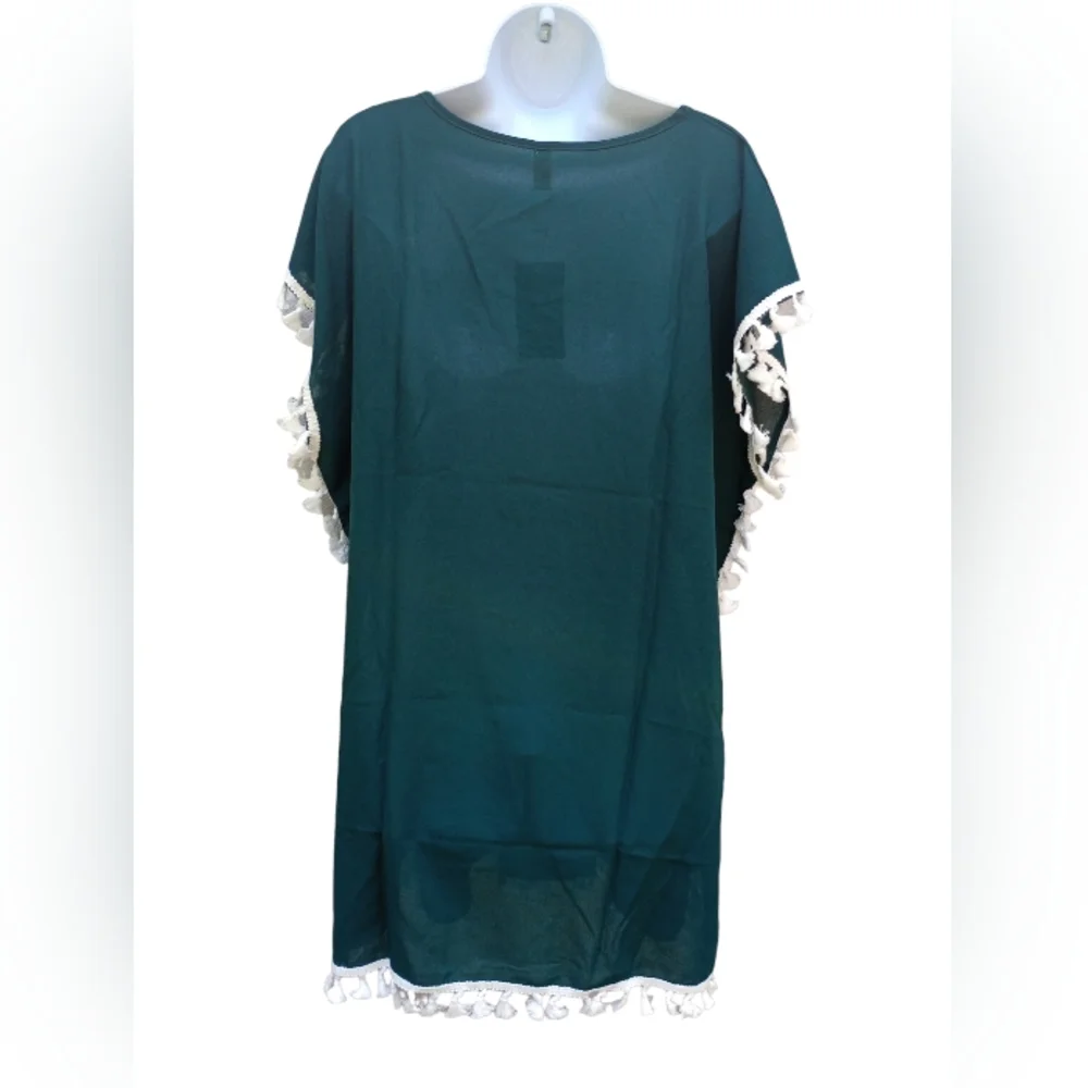 NWT Hunter Green Lace Fringe Tassel Beach Swim Poncho Cover Up Large